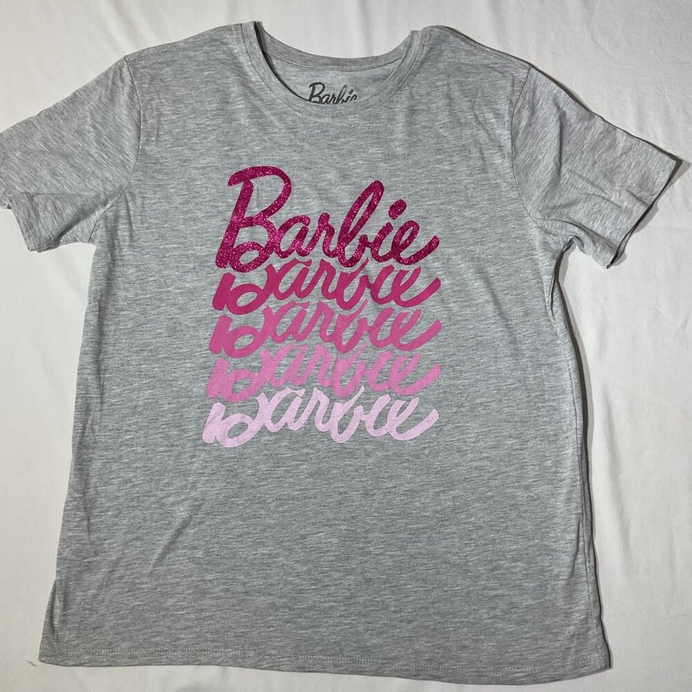 Barbie Womens Heather Gray T-Shirt With Pink Gradient Glitter Logo Print Short S